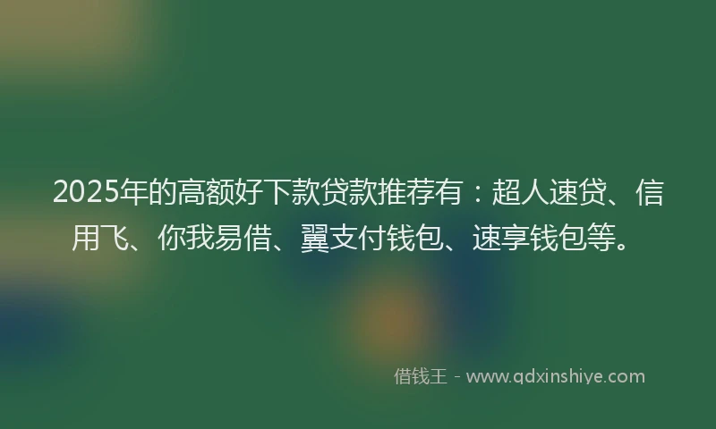 2025年的高额好下款贷款推荐有：超人速贷、信用飞、你我易借、翼支付钱包、速享钱包等。