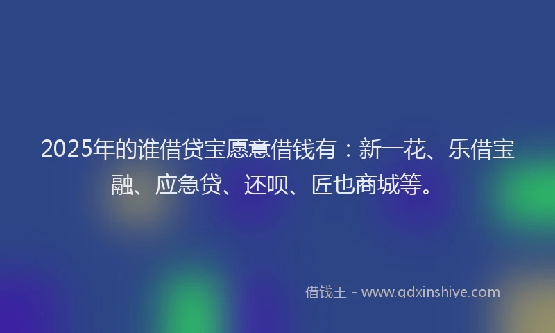 2025年的谁借贷宝愿意借钱有：新一花、乐借宝融、应急贷、还呗、匠也商城等。