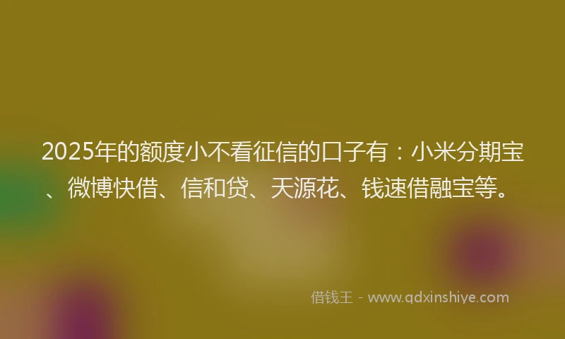 2025年的额度小不看征信的口子有：小米分期宝、微博快借、信和贷、天源花、钱速借融宝等。