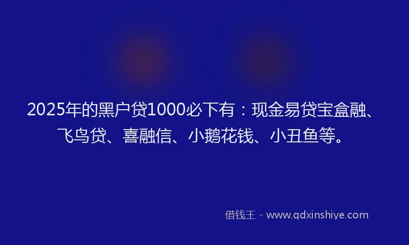2025年的黑户贷1000必下有：现金易贷宝盒融、飞鸟贷、喜融信、小鹅花钱、小丑鱼等。