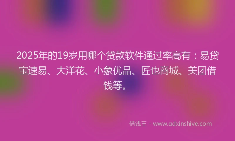 2025年的19岁用哪个贷款软件通过率高有：易贷宝速易、大洋花、小象优品、匠也商城、美团借钱等。