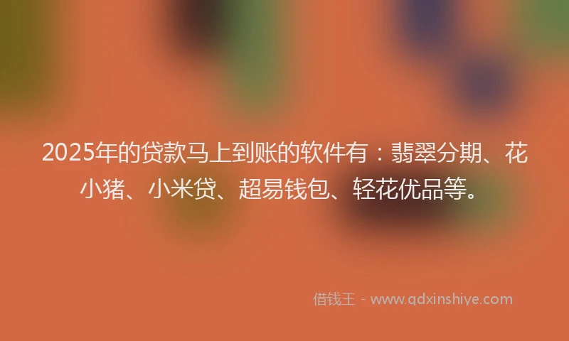 2025年的贷款马上到账的软件有：翡翠分期、花小猪、小米贷、超易钱包、轻花优品等。