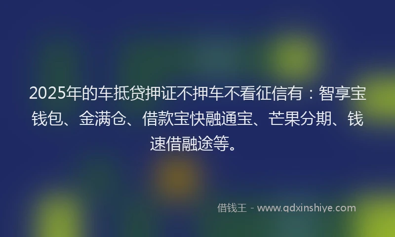 2025年的车抵贷押证不押车不看征信有：智享宝钱包、金满仓、借款宝快融通宝、芒果分期、钱速借融途等。