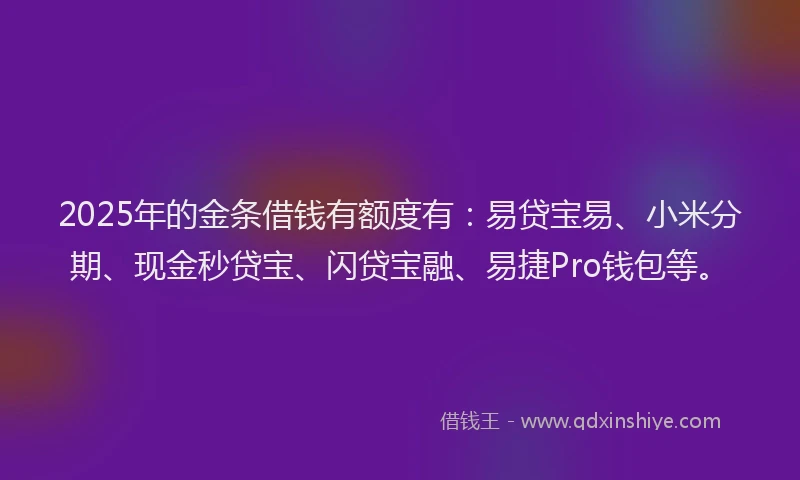 2025年的金条借钱有额度有：易贷宝易、小米分期、现金秒贷宝、闪贷宝融、易捷Pro钱包等。