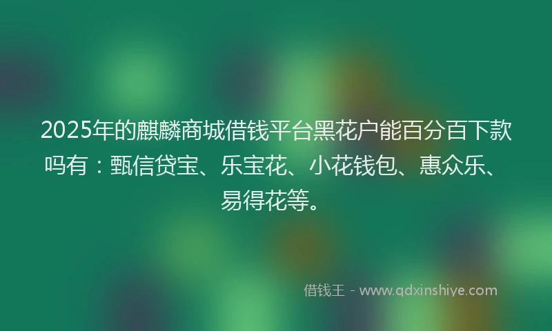 2025年的麒麟商城借钱平台黑花户能百分百下款吗有：甄信贷宝、乐宝花、小花钱包、惠众乐、易得花等。
