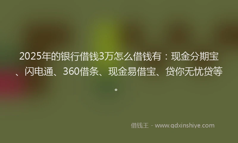 2025年的银行借钱3万怎么借钱有：现金分期宝、闪电通、360借条、现金易借宝、贷你无忧贷等。
