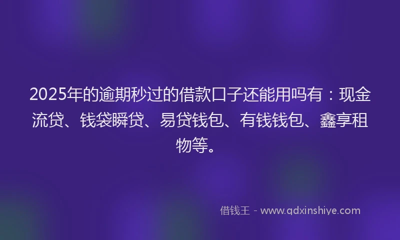 2025年的逾期秒过的借款口子还能用吗有：现金流贷、钱袋瞬贷、易贷钱包、有钱钱包、鑫享租物等。