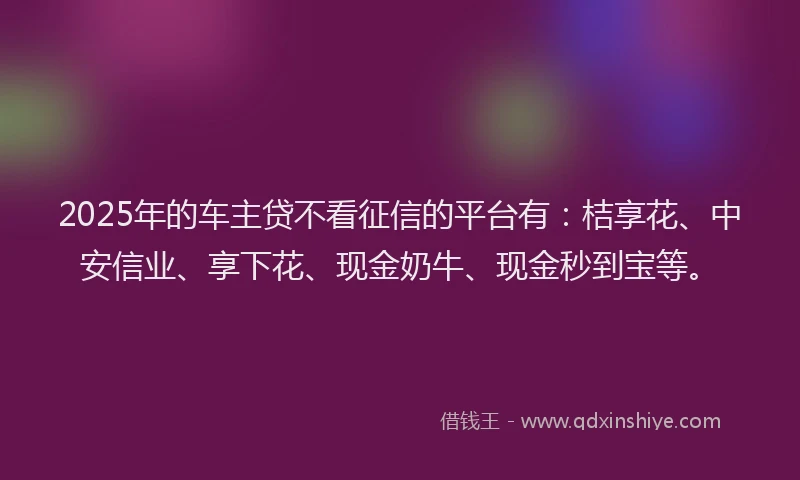 2025年的车主贷不看征信的平台有：桔享花、中安信业、享下花、现金奶牛、现金秒到宝等。