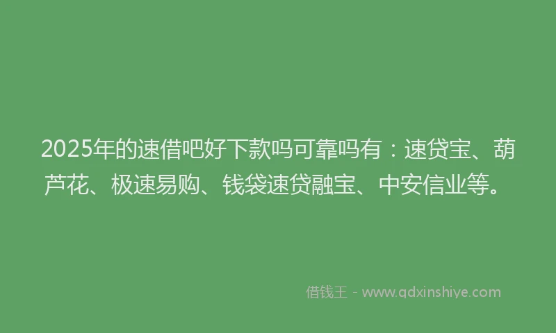 2025年的速借吧好下款吗可靠吗有：速贷宝、葫芦花、极速易购、钱袋速贷融宝、中安信业等。