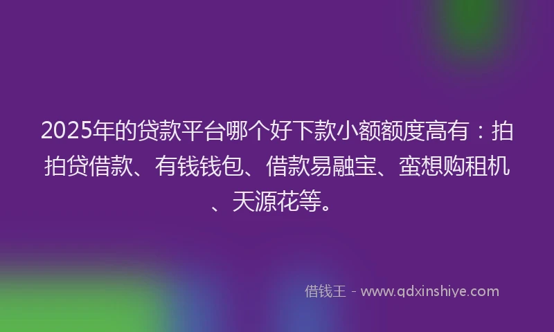 2025年的贷款平台哪个好下款小额额度高有：拍拍贷借款、有钱钱包、借款易融宝、蛮想购租机、天源花等。