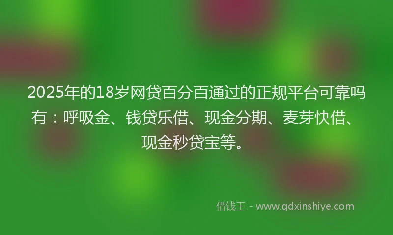 2025年的18岁网贷百分百通过的正规平台可靠吗有：呼吸金、钱贷乐借、现金分期、麦芽快借、现金秒贷宝等。