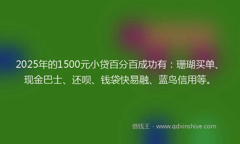 2025年的1500元小贷百分百成功有：珊瑚买单、现金巴士、还呗、钱袋快易融、蓝鸟信用等。
