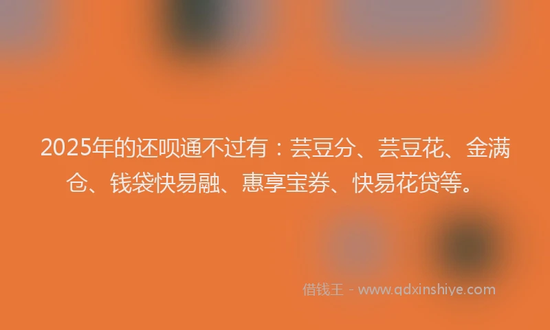 2025年的还呗通不过有：芸豆分、芸豆花、金满仓、钱袋快易融、惠享宝券、快易花贷等。