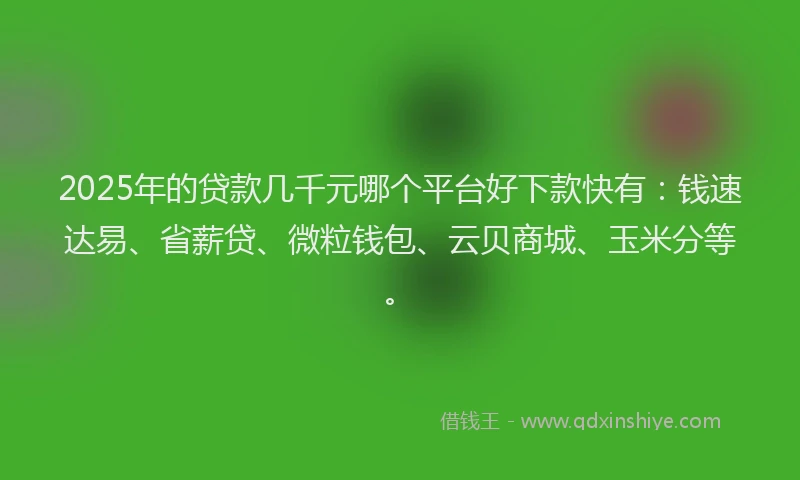 2025年的贷款几千元哪个平台好下款快有：钱速达易、省薪贷、微粒钱包、云贝商城、玉米分等。