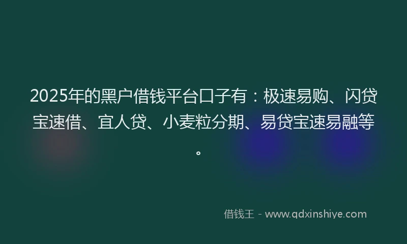 2025年的黑户借钱平台口子有：极速易购、闪贷宝速借、宜人贷、小麦粒分期、易贷宝速易融等。