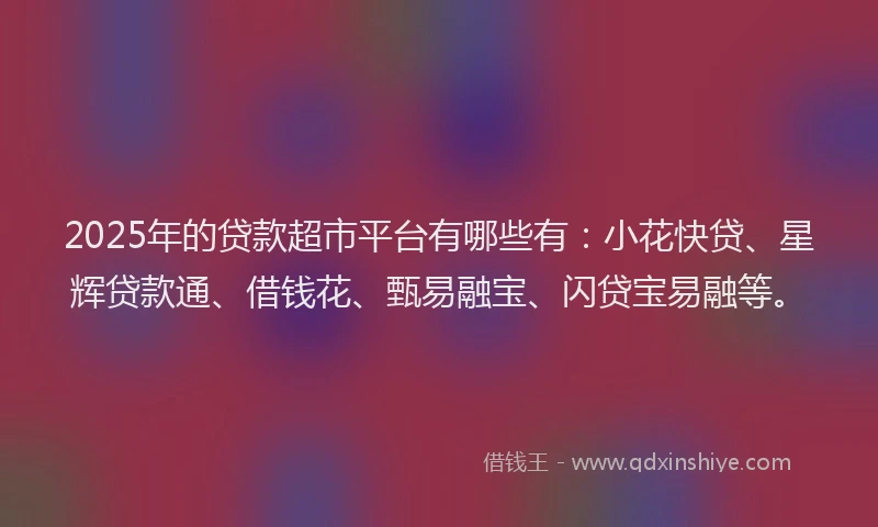 2025年的贷款超市平台有哪些有：小花快贷、星辉贷款通、借钱花、甄易融宝、闪贷宝易融等。