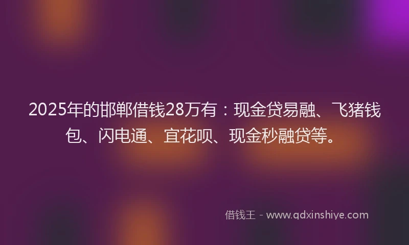 2025年的邯郸借钱28万有：现金贷易融、飞猪钱包、闪电通、宜花呗、现金秒融贷等。