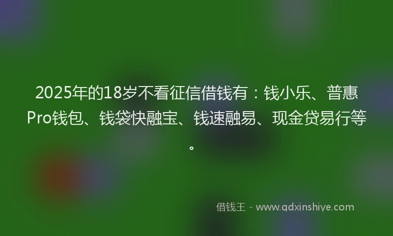 2025年的18岁不看征信借钱有：钱小乐、普惠Pro钱包、钱袋快融宝、钱速融易、现金贷易行等。