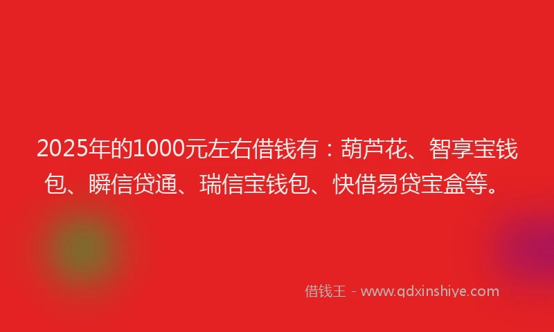 2025年的1000元左右借钱有：葫芦花、智享宝钱包、瞬信贷通、瑞信宝钱包、快借易贷宝盒等。