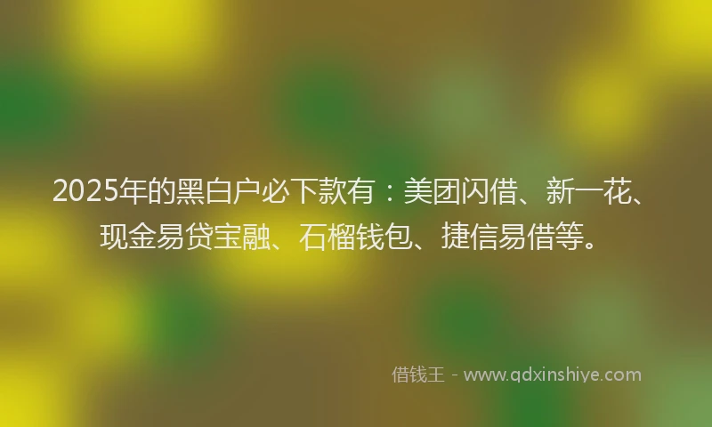 2025年的黑白户必下款有：美团闪借、新一花、现金易贷宝融、石榴钱包、捷信易借等。