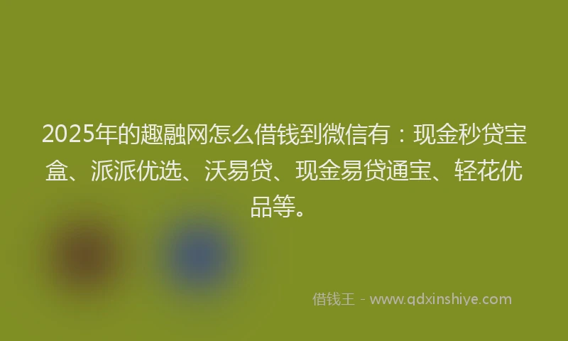 2025年的趣融网怎么借钱到微信有：现金秒贷宝盒、派派优选、沃易贷、现金易贷通宝、轻花优品等。