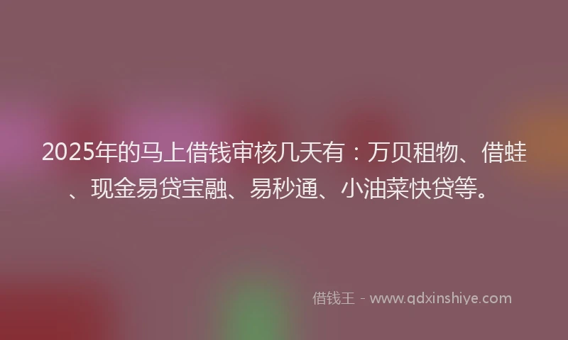 2025年的马上借钱审核几天有：万贝租物、借蛙、现金易贷宝融、易秒通、小油菜快贷等。