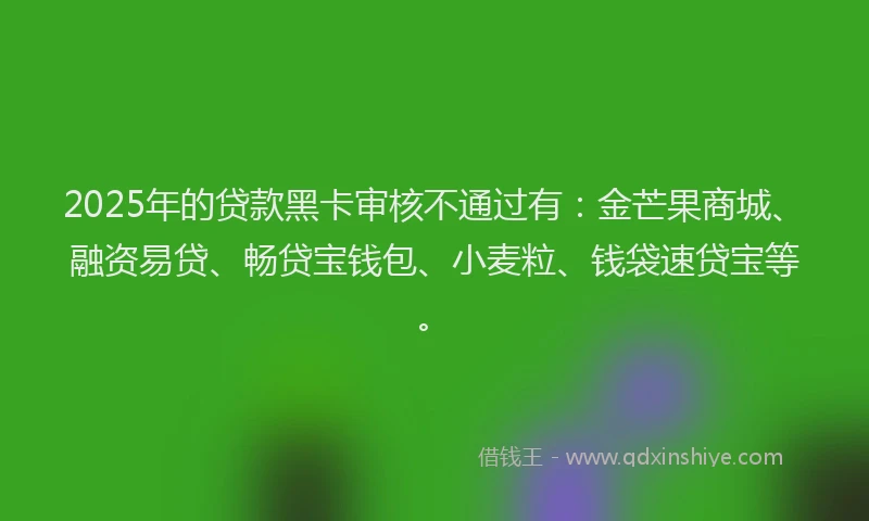2025年的贷款黑卡审核不通过有：金芒果商城、融资易贷、畅贷宝钱包、小麦粒、钱袋速贷宝等。