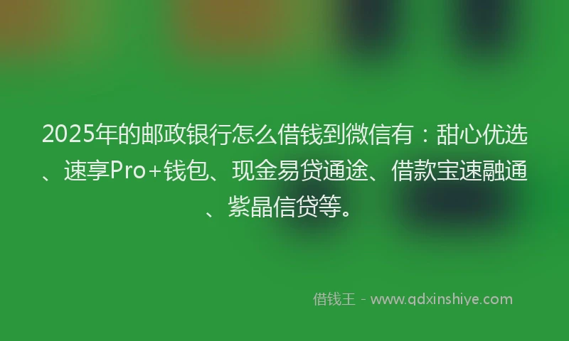 2025年的邮政银行怎么借钱到微信有：甜心优选、速享Pro+钱包、现金易贷通途、借款宝速融通、紫晶信贷等。