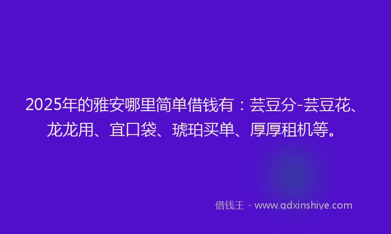 2025年的雅安哪里简单借钱有：芸豆分-芸豆花、龙龙用、宜口袋、琥珀买单、厚厚租机等。