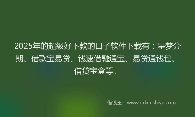 2025年的超级好下款的口子软件下载有:星梦分期、借款宝易贷、钱速借融通宝、易贷通钱包、借贷宝盒等。