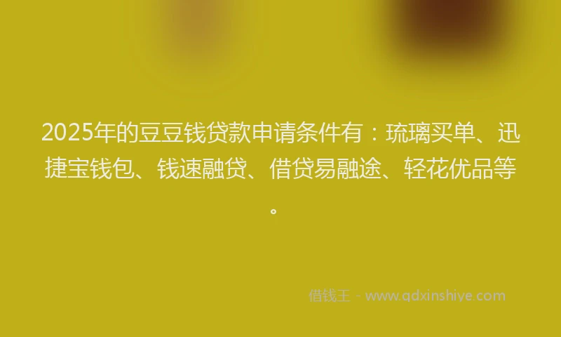 2025年的豆豆钱贷款申请条件有：琉璃买单、迅捷宝钱包、钱速融贷、借贷易融途、轻花优品等。
