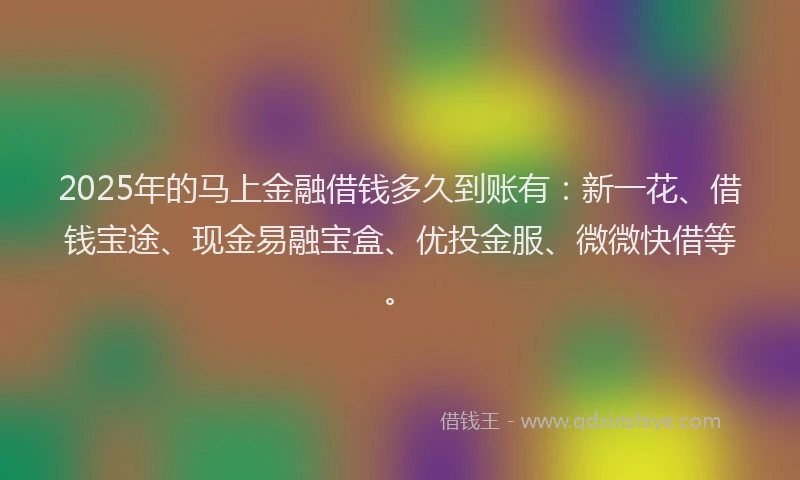 2025年的马上金融借钱多久到账有：新一花、借钱宝途、现金易融宝盒、优投金服、微微快借等。