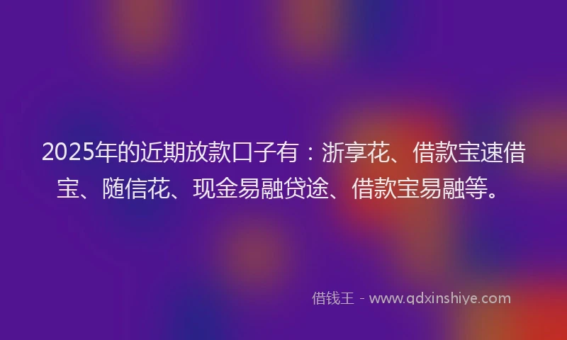 2025年的近期放款口子有：浙享花、借款宝速借宝、随信花、现金易融贷途、借款宝易融等。