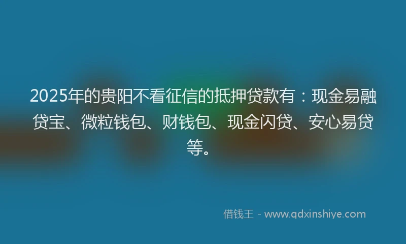 2025年的贵阳不看征信的抵押贷款有：现金易融贷宝、微粒钱包、财钱包、现金闪贷、安心易贷等。
