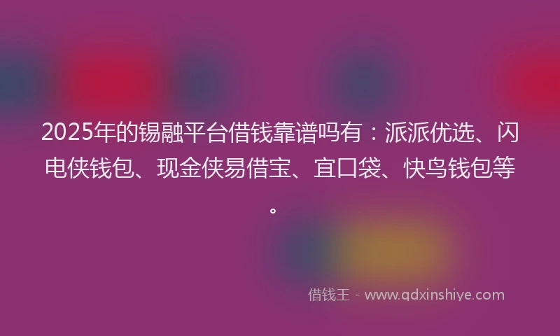 2025年的锡融平台借钱靠谱吗有：派派优选、闪电侠钱包、现金侠易借宝、宜口袋、快鸟钱包等。