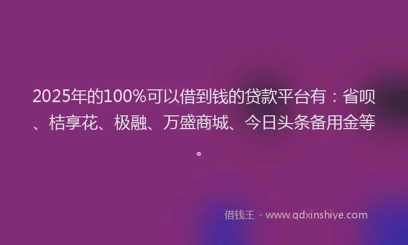 2025年的100%可以借到钱的贷款平台有：省呗、桔享花、极融、万盛商城、今日头条备用金等。
