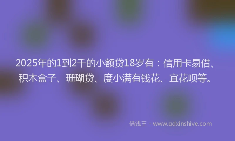 2025年的1到2千的小额贷18岁有：信用卡易借、积木盒子、珊瑚贷、度小满有钱花、宜花呗等。