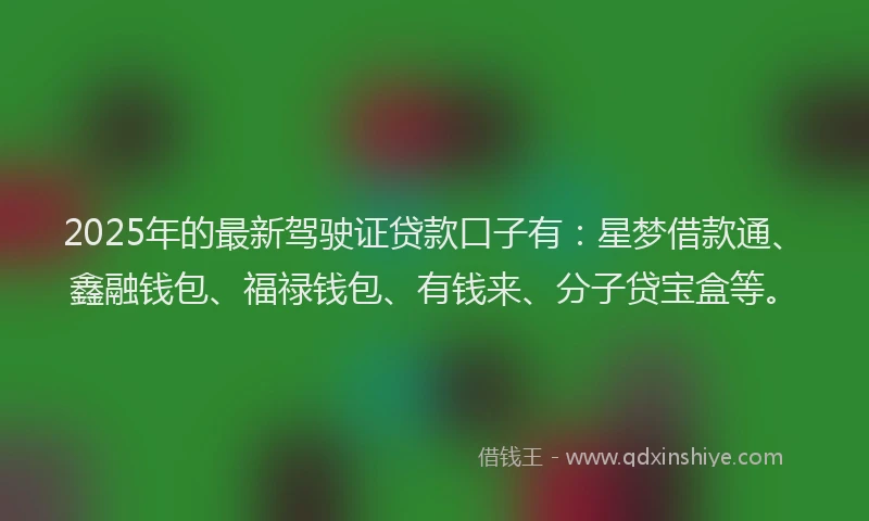 2025年的最新驾驶证贷款口子有：星梦借款通、鑫融钱包、福禄钱包、有钱来、分子贷宝盒等。