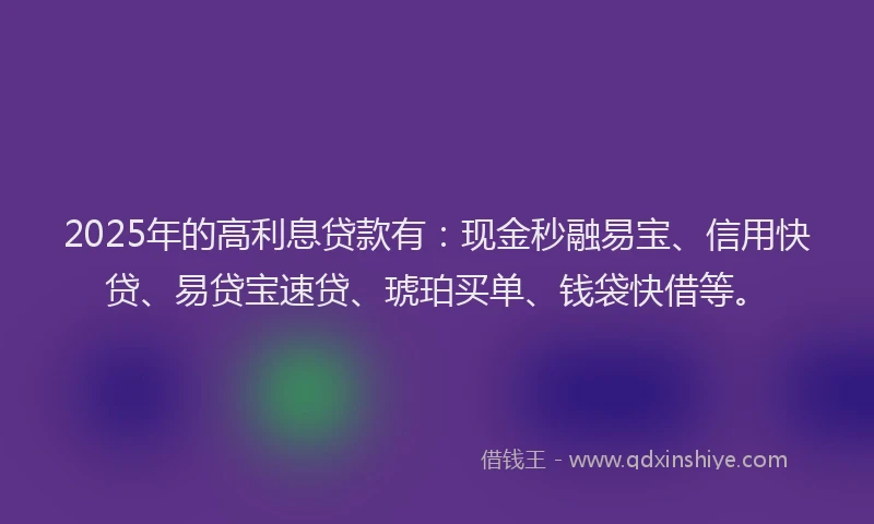 2025年的高利息贷款有：现金秒融易宝、信用快贷、易贷宝速贷、琥珀买单、钱袋快借等。
