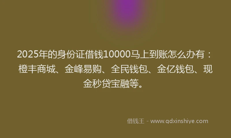 2025年的身份证借钱10000马上到账怎么办有：橙丰商城、金峰易购、全民钱包、金亿钱包、现金秒贷宝融等。