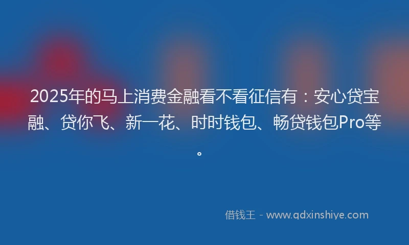 2025年的马上消费金融看不看征信有：安心贷宝融、贷你飞、新一花、时时钱包、畅贷钱包Pro等。