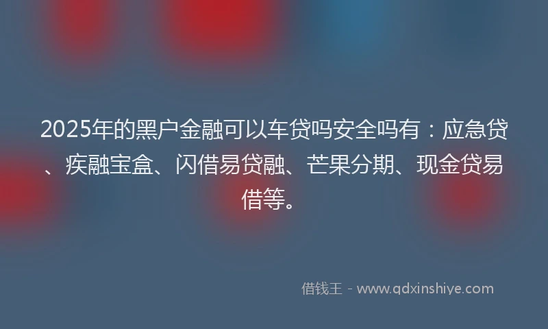 2025年的黑户金融可以车贷吗安全吗有：应急贷、疾融宝盒、闪借易贷融、芒果分期、现金贷易借等。