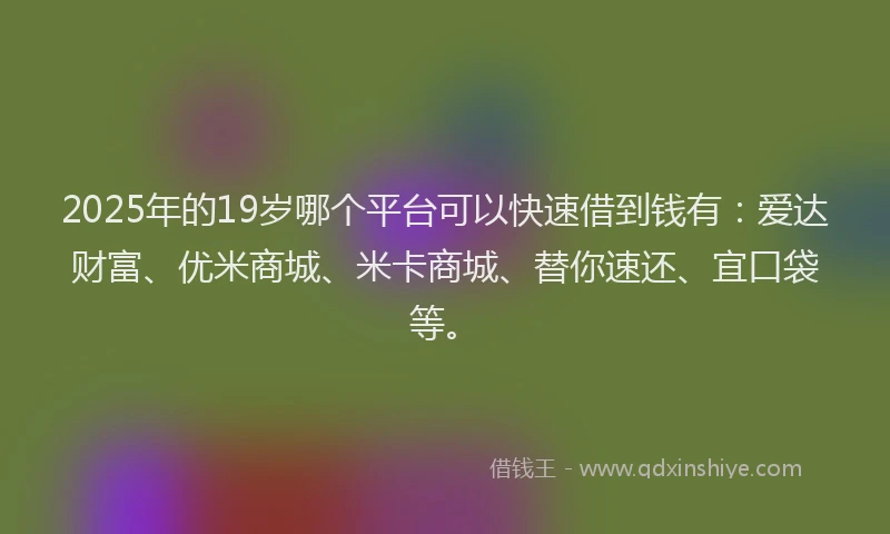 2025年的19岁哪个平台可以快速借到钱有：爱达财富、优米商城、米卡商城、替你速还、宜口袋等。