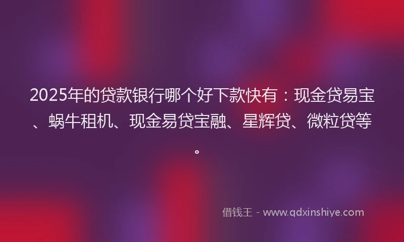 2025年的贷款银行哪个好下款快有：现金贷易宝、蜗牛租机、现金易贷宝融、星辉贷、微粒贷等。