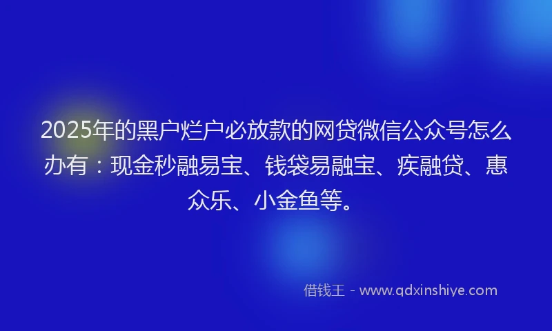 2025年的黑户烂户必放款的网贷微信公众号怎么办有：现金秒融易宝、钱袋易融宝、疾融贷、惠众乐、小金鱼等。