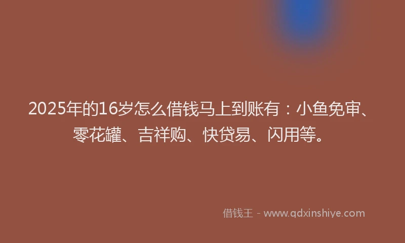 2025年的16岁怎么借钱马上到账有：小鱼免审、零花罐、吉祥购、快贷易、闪用等。