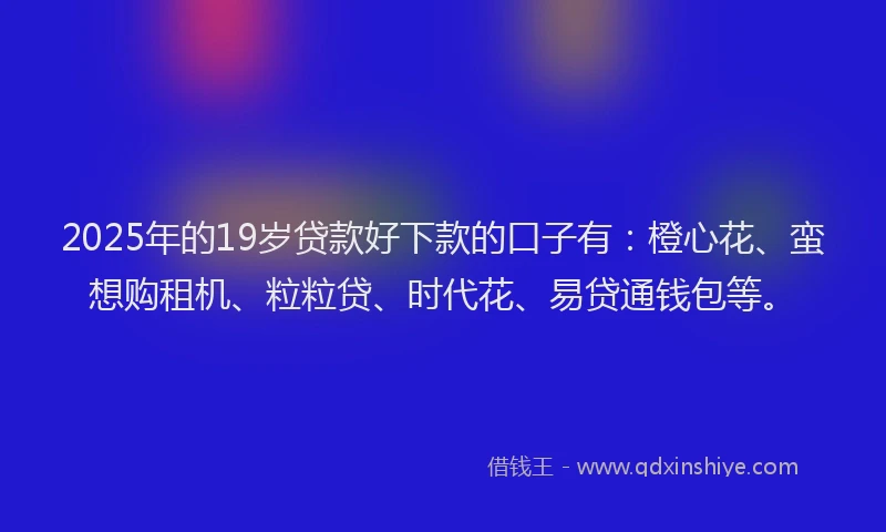 2025年的19岁贷款好下款的口子有：橙心花、蛮想购租机、粒粒贷、时代花、易贷通钱包等。