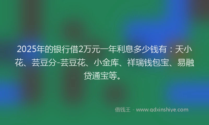 2025年的银行借2万元一年利息多少钱有：天小花、芸豆分-芸豆花、小金库、祥瑞钱包宝、易融贷通宝等。