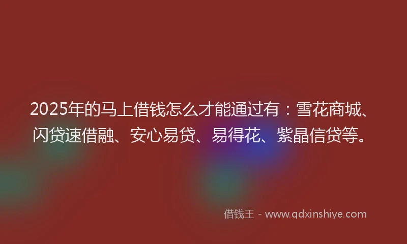 2025年的马上借钱怎么才能通过有：雪花商城、闪贷速借融、安心易贷、易得花、紫晶信贷等。