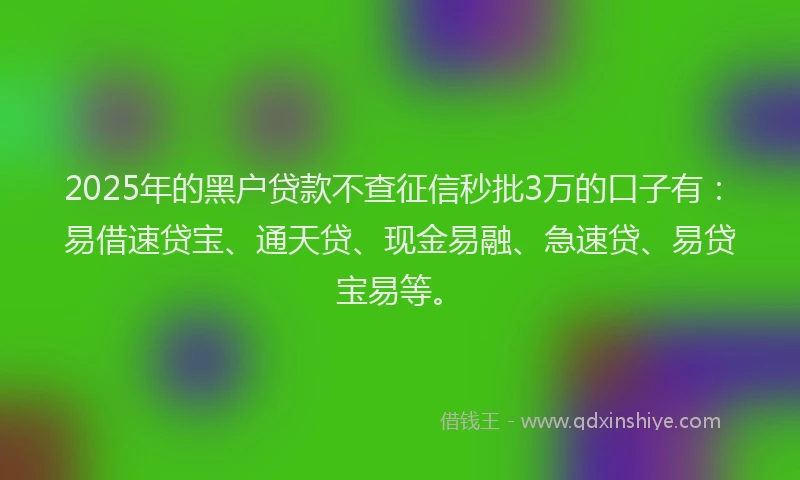 2025年的黑户贷款不查征信秒批3万的口子有：易借速贷宝、通天贷、现金易融、急速贷、易贷宝易等。